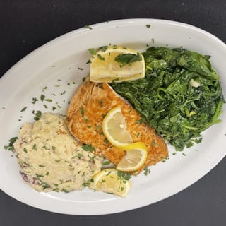 Grilled Salmon, Mashed Potatoes, Spinach